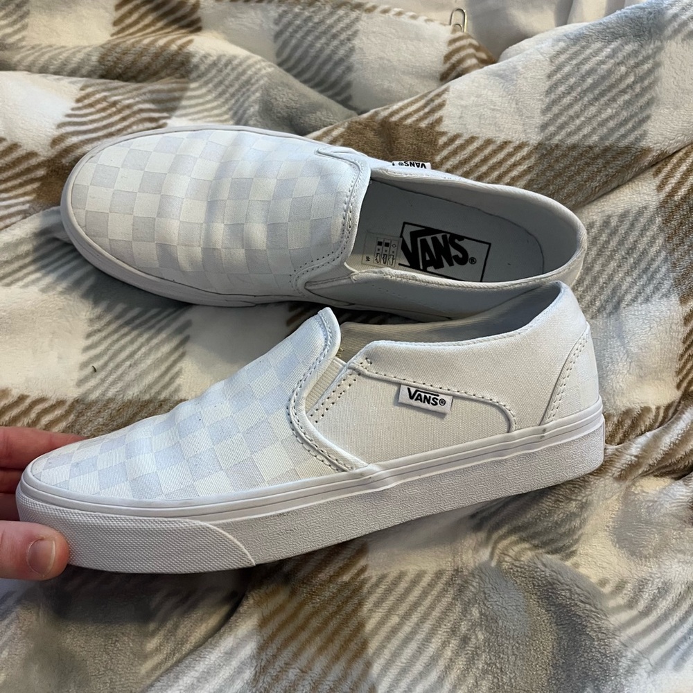 Women’s Vans White Checkered Slip-On Sneakers - Picture 2 of 3